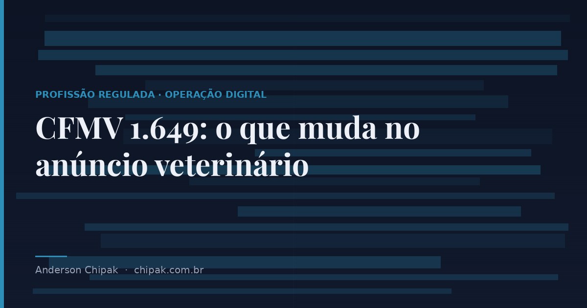 Capa do artigo “CFMV 1.649: o que muda no anúncio veterinário”, com o título sobre fundo escuro e grafismo geométrico