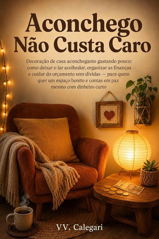 Capa do livro Aconchego Não Custa Caro, de V.V. Calegari — sobre decoração barata e orçamento da casa