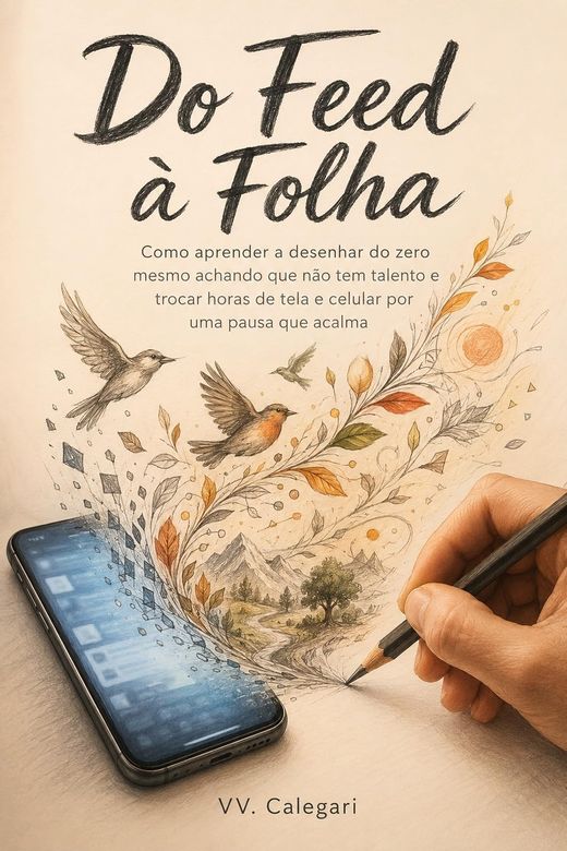 Capa do livro Do Feed à Folha, de V.V. Calegari — sobre trocar a rolagem do celular por lápis e papel