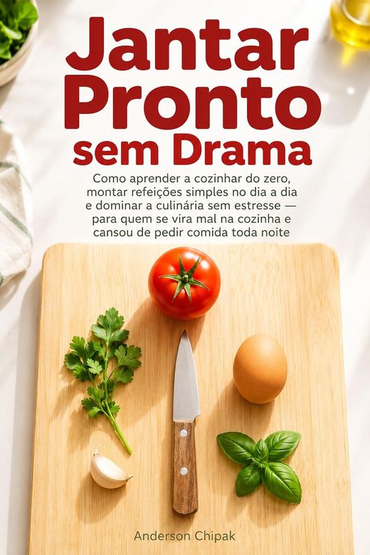 Capa do livro Jantar Pronto sem Drama, de Anderson Chipak — sobre aprender a cozinhar do zero