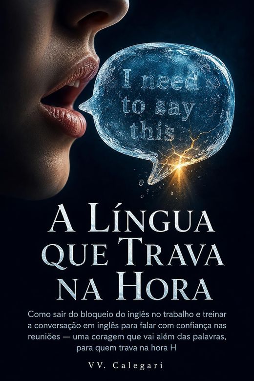 Capa do livro A Língua que Trava na Hora, de V.V. Calegari — sobre travar ao falar inglês no trabalho