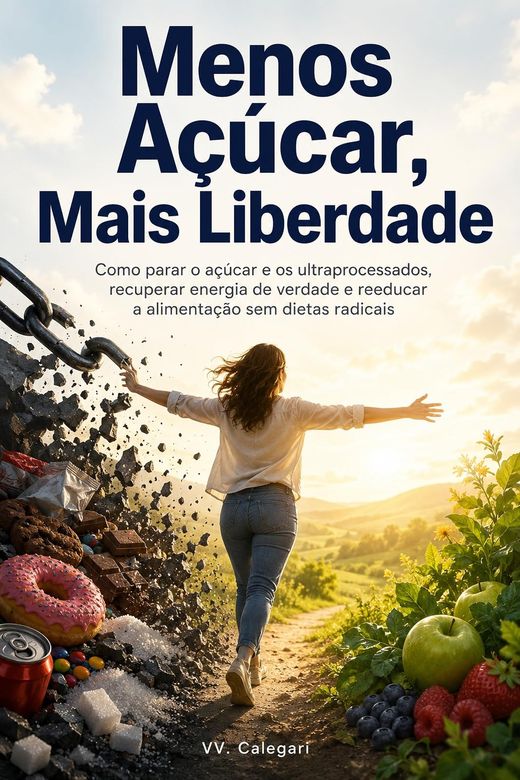 Capa do livro Menos Açúcar, Mais Liberdade, de V.V. Calegari — sobre açúcar e ultraprocessados