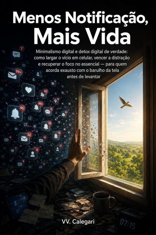 Capa do livro Menos Notificação, Mais Vida, de V.V. Calegari — sobre minimalismo digital e foco