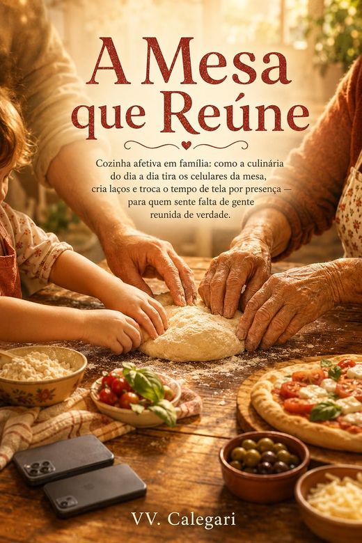 Capa do livro A Mesa que Reúne, de V.V. Calegari — sobre cozinha afetiva e telas fora da mesa