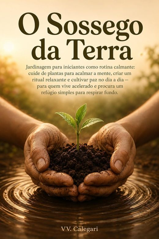 Capa do livro O Sossego da Terra, de V.V. Calegari — sobre jardinagem para iniciantes e mente acalmada